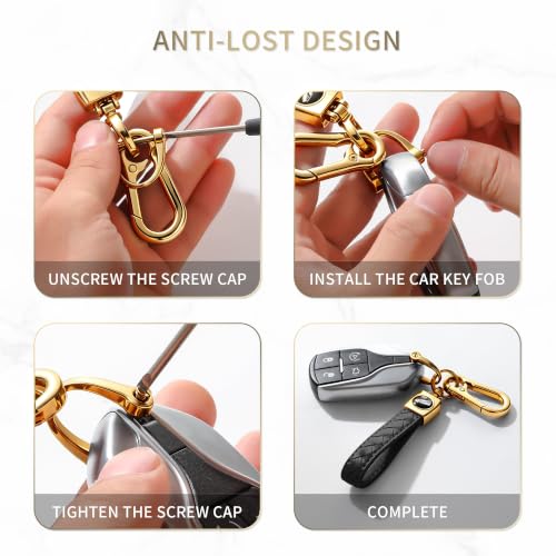 Image of Gkeygo Carabiner Keychain, Universal Heavy Duty Woven Handmade Leather Key Chain, Car Fob Key Keychains with 360 Degree Rotatable Snap Swivel and Anti-Lost D-Ring for Men and Women,Light Gold - Black