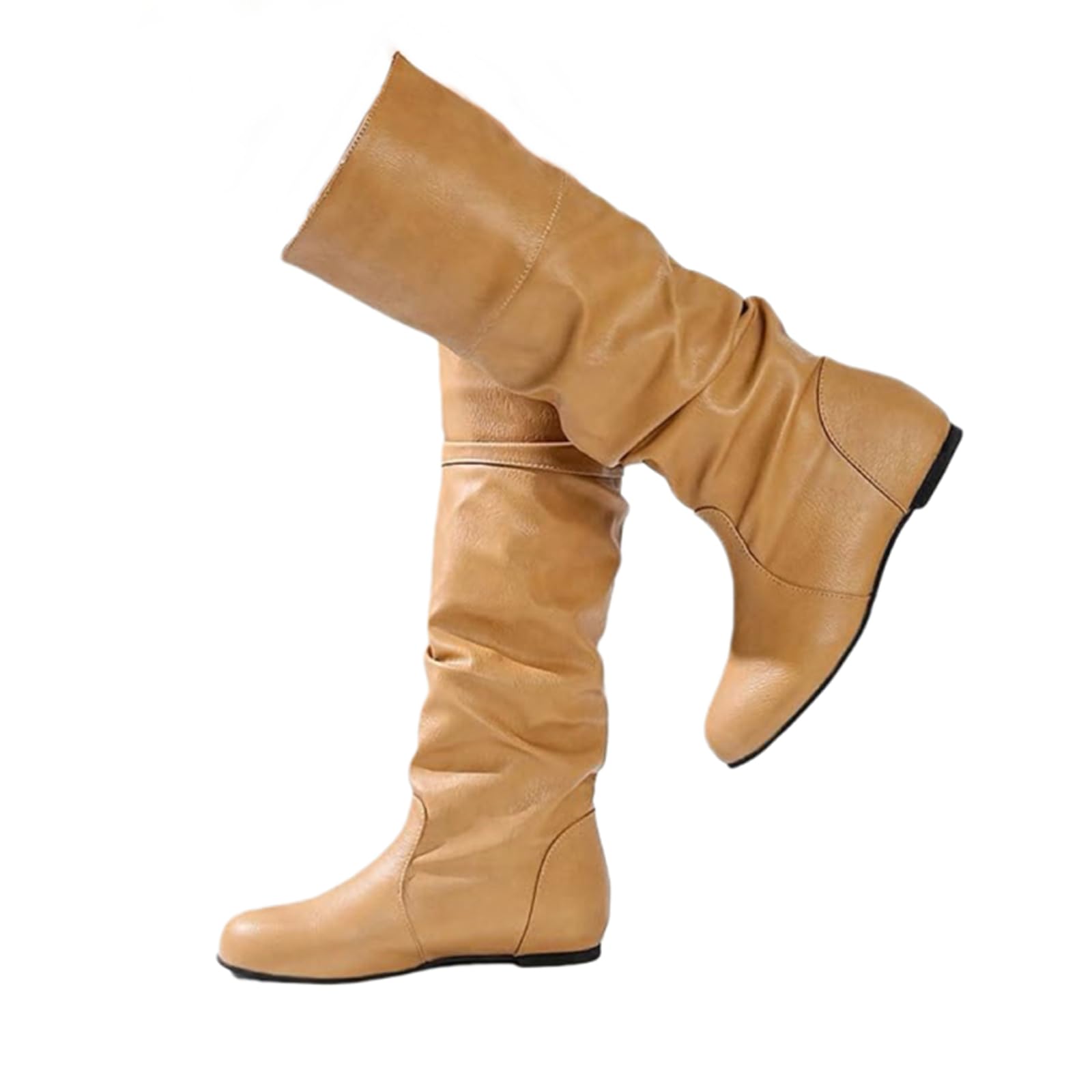 Womens Slouchy Knee High Boots Winter Fashion Soft Faux Leather Flat Mid Calf Boots Casual Pull-on Western Cowgirl