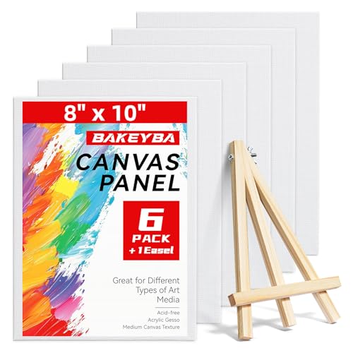 BAKEYBA Canvas for Painting with Mini Easel 6 Pack 8x10 Canvas Board with 1 Wood Easel Blank Cotton Primed for Kids & Beginners for Acrylic Oil Watercolor Paint