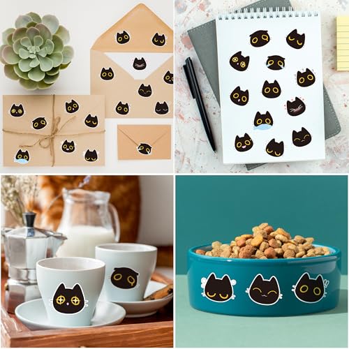 Image of Black Cat Stickers Rolls - 1000 Pcs Black Cat Head Memes Waterproof Vinyl Reusable Laptop Stickers Coloring Book Scrapbook Water Bottle Page Activity Pad Birthday Party Favors Gift Skateboard