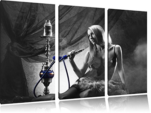 Frau mit Shisha schwarz/weiß auf 3-Teiler Leinwandbild 120x80 Bild auf Leinwand, XXL riesige Bilder fertig gerahmt mit…