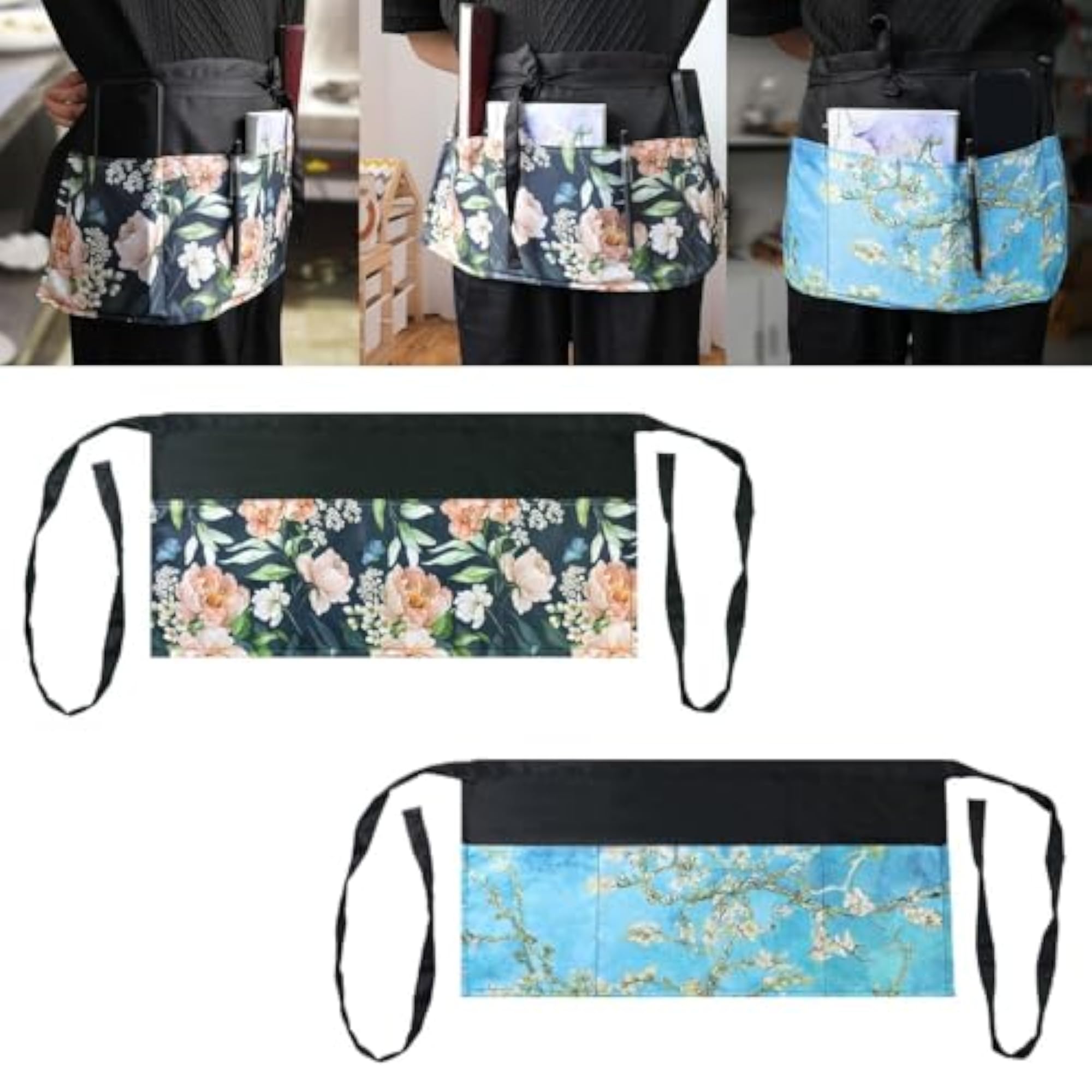 Women's Coffee Shop Peony Print Serving Apron with 3 Pockets