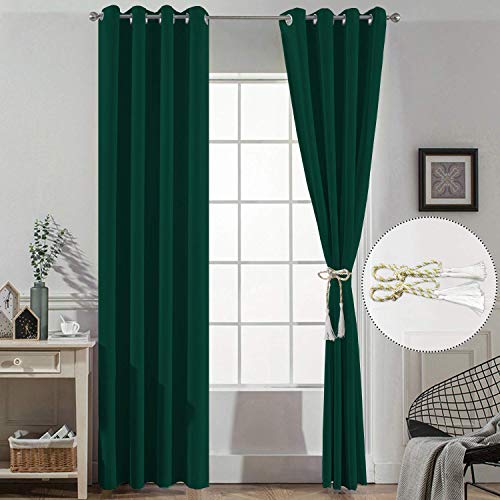 Yakamok Dark Green Blackout Curtains for Bedroom, Room Darkening Thermal Insulated Grommet Window Curtains, Light Blocking Blackout Drapes for Living Room,52Wx84L inch,2 Panels