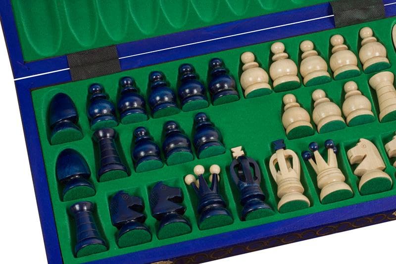 Sunrise Chess & Games Duże szachy królewskie 44 cm, niebieskie | Drewniane figury z grabu, król 80 mm, składana plansza, wewnętrzna wkładka
