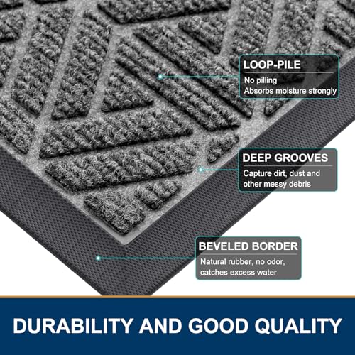 Smiry Front Door Mat Outside Entrance, Heavy Duty Natural Rubber Doormat, Trap Dirt and Moisture Easy Clean Low Profile Patio Porch Welcome Floor Mats for Entry, 29.5x17 Inch, Silver Grey