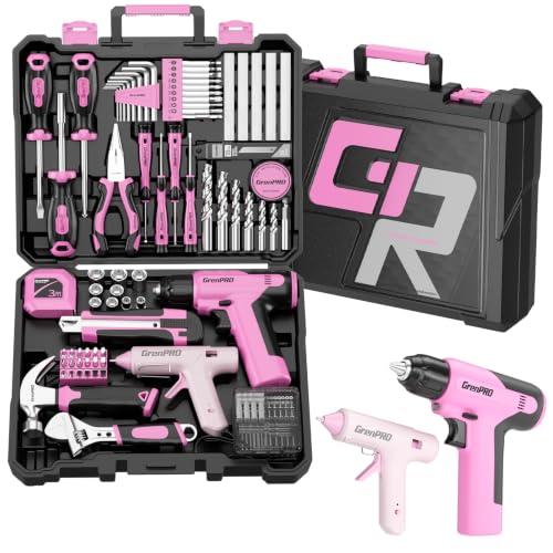 GRENPRO Pink Tool Set Drill Set 188PCS Tool Kit For Home with Pink Cordless Drill Power Tool Kit for Women &Men Basic Household Auto Repair Hand Tool Box Glue Gun Tools Sets & Drill Set for Women