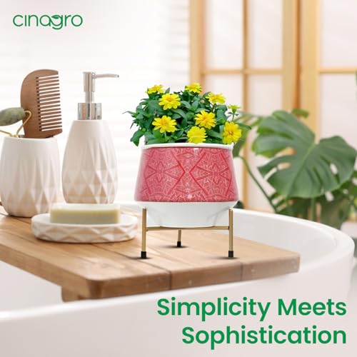 Image of CINAGRO Metal Flower Vase Planter Pot with Iron Stand, Pots for Plants, Plant Pots for Home Decoration, Succulent Pot, Indoor Planter Garden Decor Style: Scarlette Splendor