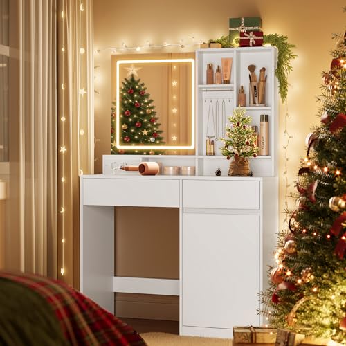 VASAGLE Schminktisch mit LED-Beleuchtung, Steckdosenleiste, Frisiertisch mit Schubladen, 90 cm breit, verstellbaren Ablagen, Schmuckaufbewahrung, für Schlafzimmer, wolkenweiß RDT134W01