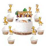 Giraffe Happy Birthday Cupcake Toppers, Giraffe Wild One Baby Boy Girl Birthday Cake Topper - Jungle Safari Zoo Party Decoration （7 Pcs）