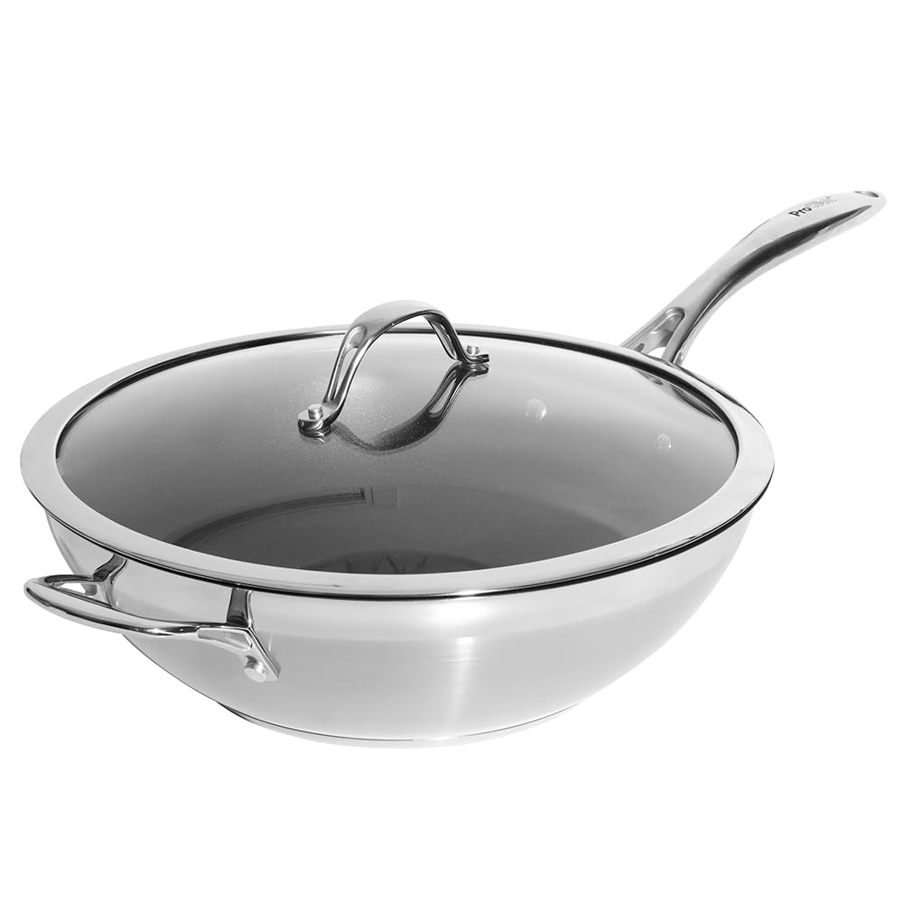 ProCook Professional Stainless Steel Non Stick Wok with Lid & Cool Touch Handles Non Stick Induction Safe Saute Frying Pan - 30cm