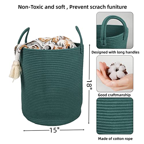 Image of XUANGUO Cotton Rope Laundry Basket Hamper for Clothes Large Dark Green | Baby Nursery Hamper Bin and Woven Storage Basket for Living Room Bedroom Boho Tall Rope Baskets Blankets Toys Pillows Towels