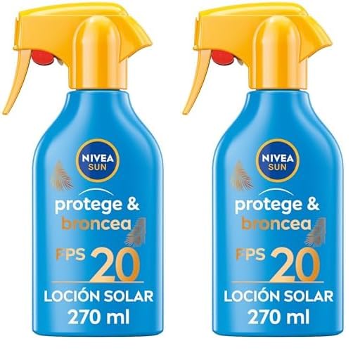 NIVEA SUN Protege & Broncea Spray Solar FP20 (1 x 270 ml), activador del bronceado, protección solar, crema bronceadora, protector solar hidratante, resistente al agua, pistola (Paquete de 2)