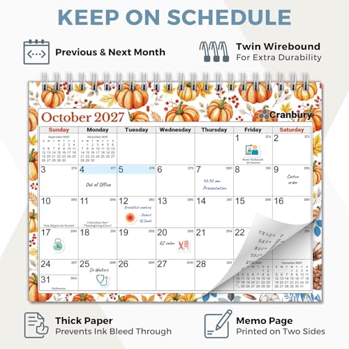 Image of CRANBURY Small Desk Calendar 2026-2027 Standing Flip, 8 inch x 6 inch, July 2026 to Dec 2027, Desktop Calendar with Stickers, Academic Year, Personal Desk Planner for School & Office