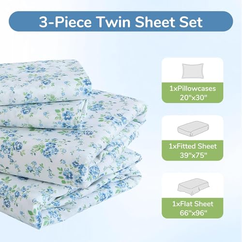 Image of MUXHOMO Twin Size 4 Piece Sheet Set, Soft Breathable Bed Sheet Set for Bedroom with Deep Pocket Up to 16 inch, Wrinkle-Free & Cooling Bedding for Oeko-TEX Certified - Blossoms Light Blue