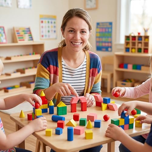 Image of 140 Pcs Mini 3D Shapes for Teaching, Wood Building Geometric Solids Blocks | Classroom Manipulatives for Elementary School Geometry Math Kindergarten Preschool Learning, Montessori Stacking Toy