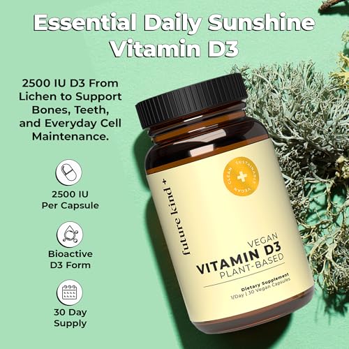 Image of Future Kind Vegan Vitamin D3 2500 IU for Bone & Muscle Support, 30ct | Bone and Muscle Function, Plant-Based from Lichen, Sugar-Free and Non-GMO, Vegan Vitamin D3 Supplement