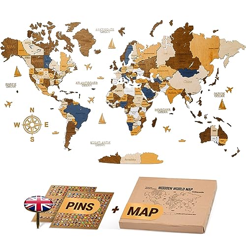 WOW WOOD® Pared Decoración Mapa del Mundo de Madera en inglés con alfileres | Montaje en pared...