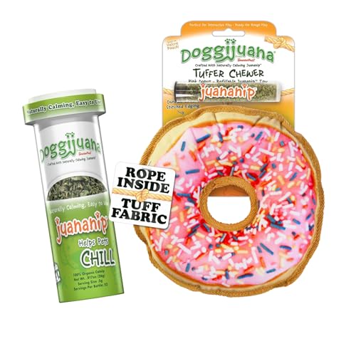 Image of Doggijuana Pink Donut & Juananip Bundle | Squeaky Refillable Plush Toy | Refillable squeaky plush dog toy + organic calming catnip; eases anxiety, stress & storms; drug-free, hand-harvested