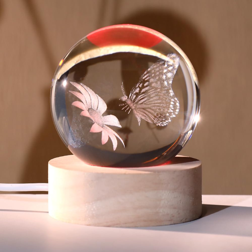 ZRENJHUS 3D Butterfly Crystal Ball Butterfly in Glass Ball 60mm Decorative Gifts for Women with Multicolor Lighting Base