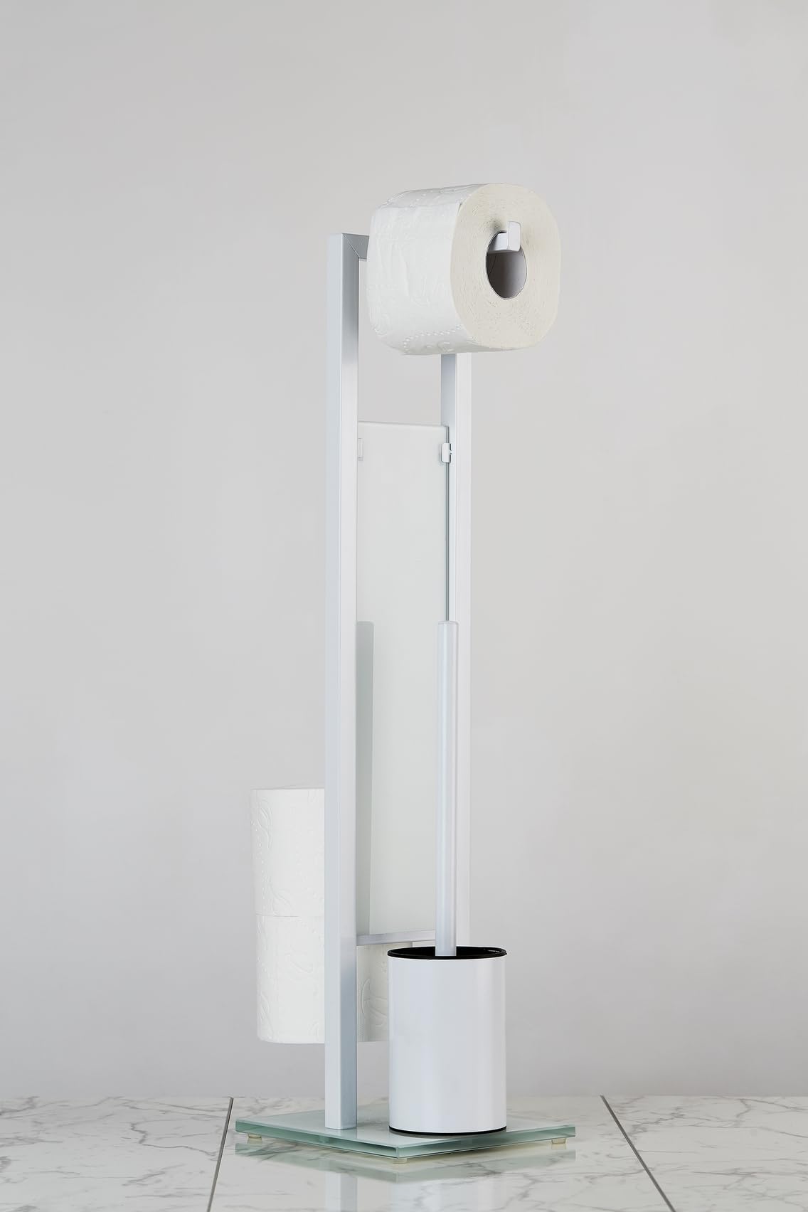 WENKO Combiné WC Rivalta | 3 en 1| Brosse WC et Dérouleur Papier Toilette | Stockage Papier | Tête de Brosse remplaçable | Acier INOX Blanc et Verre trempé| 18x70x23 cm | Blanc