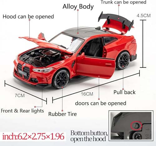 Image of Scale 1:32 B.M.W M4 - Red Alloy Diecast Pullback Metal Car Toy with Sound Light & Opening Doors - Great Gift Toy for Kids
