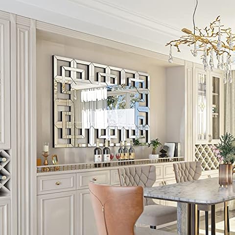 Rectangle Decorative Art Wall Mirror: 100x70x1.9cm Long Hand Polished 5mm Thick Silver Glass Hung Mirrors with Geometric Frame Oblong Mirror Walls Decor Horizontal/Vertical Hanging Cover