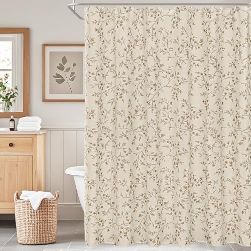 Fammio Beige Floral Shower Curtain Linen, Twiggy Leaves Flower Shower
