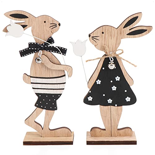 com-four® 2X Figura decorativa com suporte - par de coelhos da Páscoa com vestido e flor, decoração de Páscoa de madeira para colocar (Set19 - coelhos com flor)