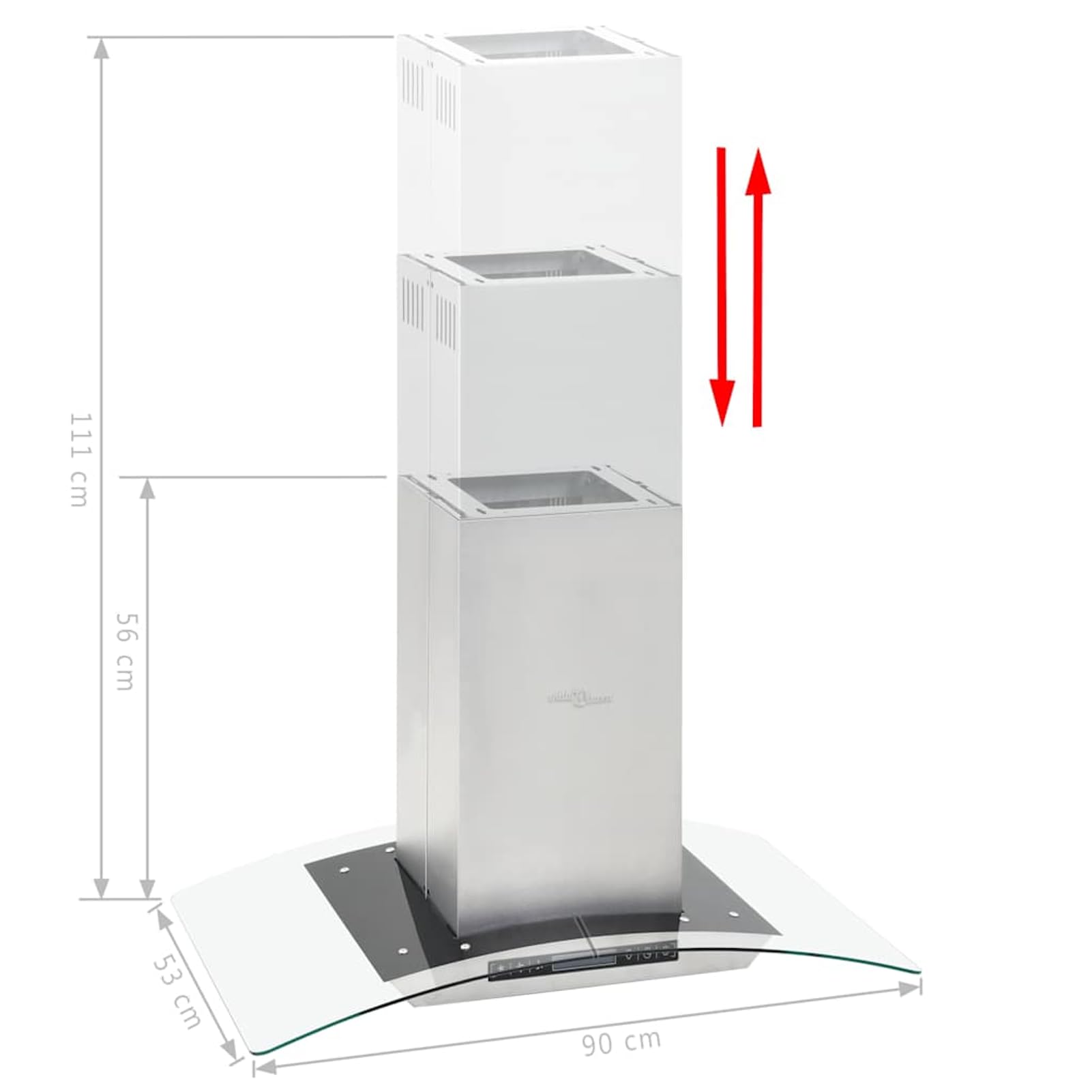 Gecheer Insel-Dunstabzugshaube 90 cm LCD Touch-Sensor 756 m³/h LED Edelstahl gehärtetes Glas Aluminium