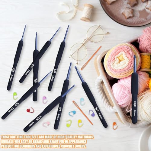 Image of Premium Crochet Kit for Beginners - 9 Ergonomic Crochet Hooks (2mm-6mm) with Yarn Balls, Stitch Markers, Yarn Needles, Scissors & Storage Bag | Complete Knitting & Crochet Set for Adults & Kids (Dark Blue Kit)