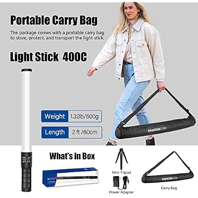 Mettlelite LS400C RGB LED Light Stick Full Color Continuous Output Video Light 2 ft with APP Control 2800K-8000K CRI96 TLCI97 RGB CCT HSI 10 Customizable Light Effects Built in Rechargeable Battery