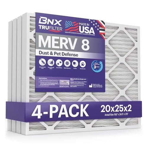 Image of BNX TruFilter 20x25x2 Air Filter MERV 8 (4-Pack) - MADE IN USA - Dust & Pet Defense Electrostatic Pleated Air Conditioner HVAC AC Furnace Filters for Dust, Pet, Mold, Pollen MPR 600 - 700 & FPR 5