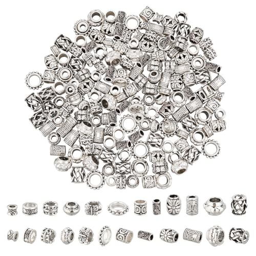 NBEADS 180 Stück 12 Stile Legierung Haarperlen Tibetischer Stil Europäische Perlen Großes Loch Bartperlen Antike Silber Schmetterling Perlen Dreadlock für Schmuck Herstellung Loch: 3.5~7mm