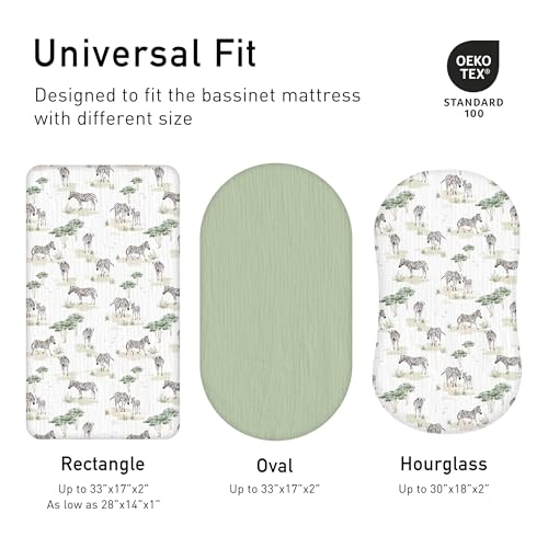 Image of Muslin Bassinet Fitted Sheets 2 Pack, Soft Breathable Cotton Baby Bassinet Mattress Sheet Set, 360 Elastic Snug Fit, Universal for Oval, Rectangle (Cute Zebra, Bassinet Sheets 2 Pack)