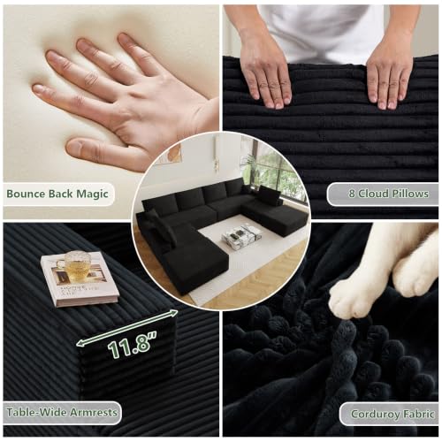 Image of Oversized Modular Sectional Sofa Couch, Large 8 Seater Corner Sofa Modern U Shaped Sectional Couch with Ottoman Cloud Couches for Living Room, Office, Spacious Space, Corduroy, No Assembly, Black