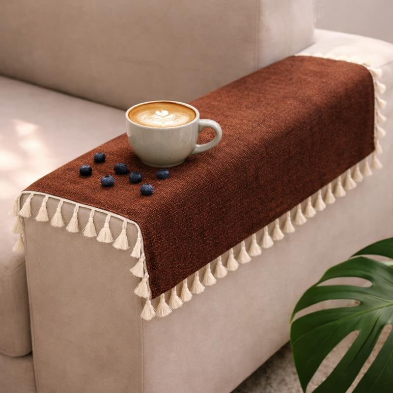 Image of STITCHNEST Jute Sofa Arm Cover with Tassels | Elegant Textured Hand Rest Protector | Durable & Long-Lasting | 18 x 22 Inches
