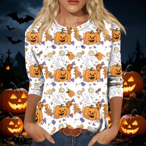 Image of Women Spooky Halloween Graphic Shirt 3 /4 Length Sleeve Crewneck Top | Halloween Funny Printed Pumpkin Plus Size Tshirts 2026 Fall Outfits Skeleton Tee Going Out Tops
