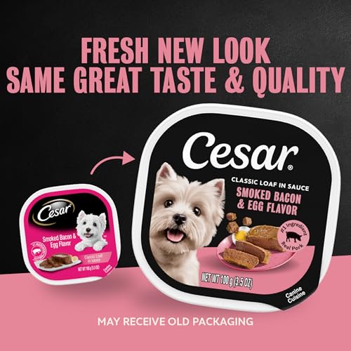 Image of Cesar Classic Loaf in Sauce Wet Dog Food, Bacon & Egg, 3.5 oz, 24 Count | Real pork #1 ingredient, easy peel trays, Made in USA, slow-cooked for tender texture, no fillers or artificial flavors