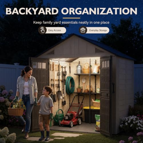 Image of Aoxun 8x6 Ft Outdoor Storage Shed with Lighe & Floor, Resin Outdoor Shed with Lockable Door & Windows, Garden Sheds for Lawn Tools, Pool Supplies & Bikes