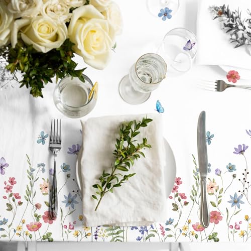 Image of 3 Pack Spring Floral Tablecloth, Wildflower Butterfly Plastic Table Cover for Easter, Birthday, Wedding, Tea, Wildflower Party Decorations, 54 x 108 Inch