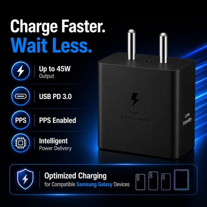Image of 45W PD Type C Super-Fast Charging Adapter Compatible with Samsung Galaxy S23 /S24 /S25 /S26 /Z Fold5 /Z Fold6 /Z Fold7 /S10 /S9 /S8 (Plus, Ultra, FE, Edge, Lite) & Other USB C Devices 45 watt Charger Adaptor