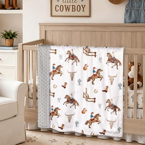 Image of HOMRITAR Cowboy Baby Blanket for Boys Double Layer Dotted Backing | Soft Lightweight Minky Farm Blanket for Infant Toddler Outdoors Stroller Nursery Crib Shower Gifts 30 x 40 Inch