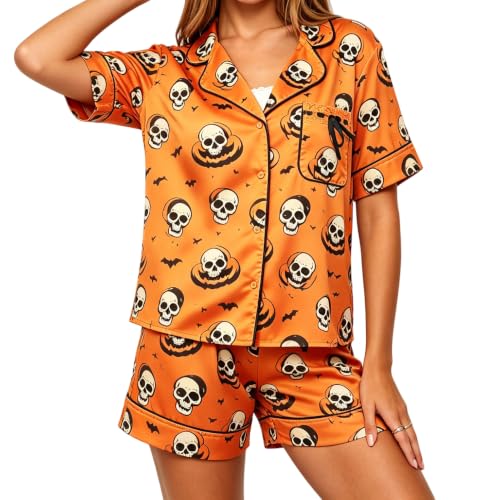 Image of Women Holiday Satin Pajamas Short Sleeve Shirts Shorts Set 2pc Loungewear