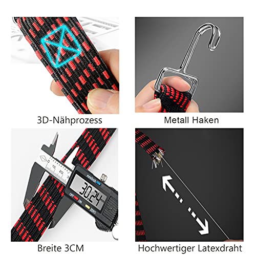 INCETUE verstellbar Spanngummi mit Haken, 4er-Set 2M lang flach Spanngurt mit Metallhaken, extra stark breit Gummiseile, Gepäckspanner, Gummizug, Gummiexpander für Fahrrad, Autotransport, Motorrad-Rot – Bild 3