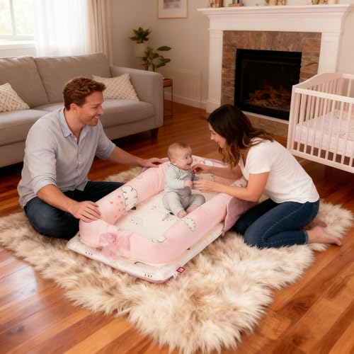 Image of Baby Lounger for Newborn-Portable Baby Lounger 0-24 Months for Home and Travel,Newborn Loungers with Strap, Baby Nest Lounger Adjustable Size,Raindrop Clouds