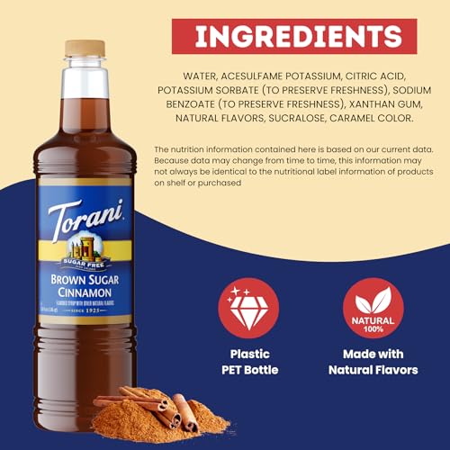 Image of Torani Sugar Free Brown Sugar Cinnamon Syrup 1L - Keto, 0 Calorie