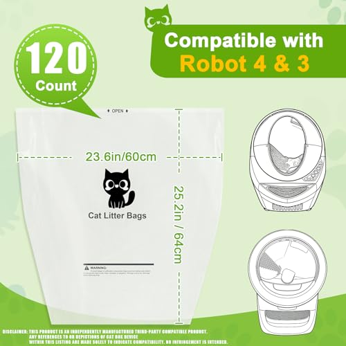 Litter Box Waste Bags,120 Count | Compatible with Litter Box Ro.bot 4/3/5| Thick & Leakproof Automatic Litter Box Liners | 23.6x25.2in Transparent Cat Litter Liners |9-11 Gallon Capacity for Cat Owner by BOOWOO - Image 2