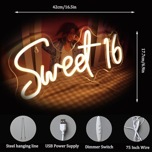 QiaoFei Led Sweet 16 Neon Sign Letters USB Powered with Dimmer Switch Neon Lights for Girls Room Home Art Wall Decor 16th Birthday Party Window Living Room Decor Birthday Gift for Teens (Warm white) - Afbeelding 6