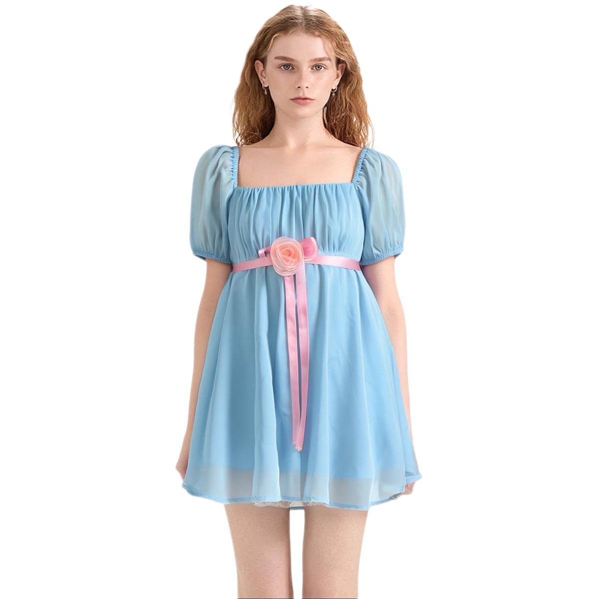 FeMereina Women Halloween Babydoll Dress Grady Twins Costume Adult Chiffon Puff Sleeve Mini Dress Sister Cosplay Outfit (Blue, S)