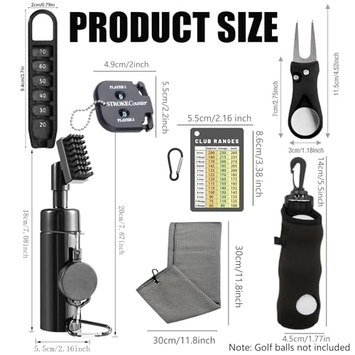 karamagic 7Pcs Golf Accessories Kit, Include Golf Club Cleaner Towel Ball Bag Divot Tool Score Counter Range Chart Card Tee Elevator